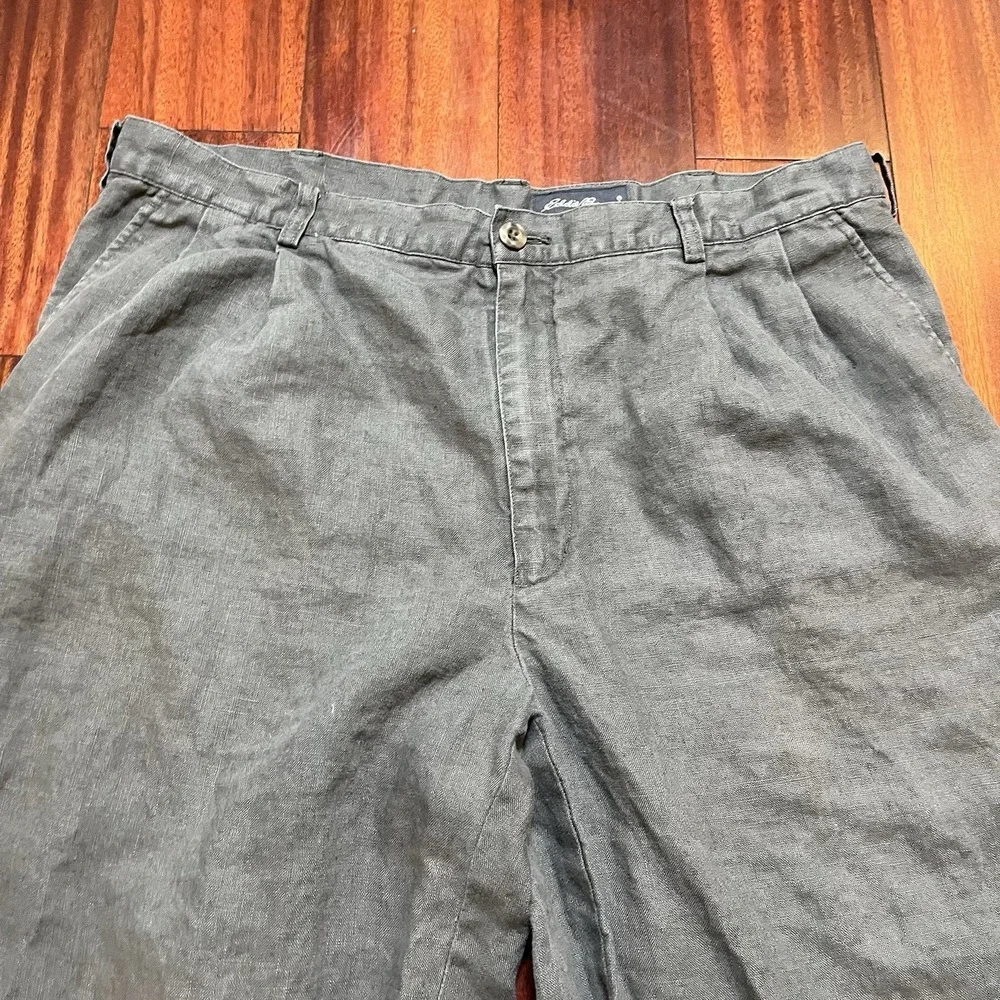 Eddie Bauer Pants Men 38x30 Gray 100% Linen Pleated Chino Coastal Old Money